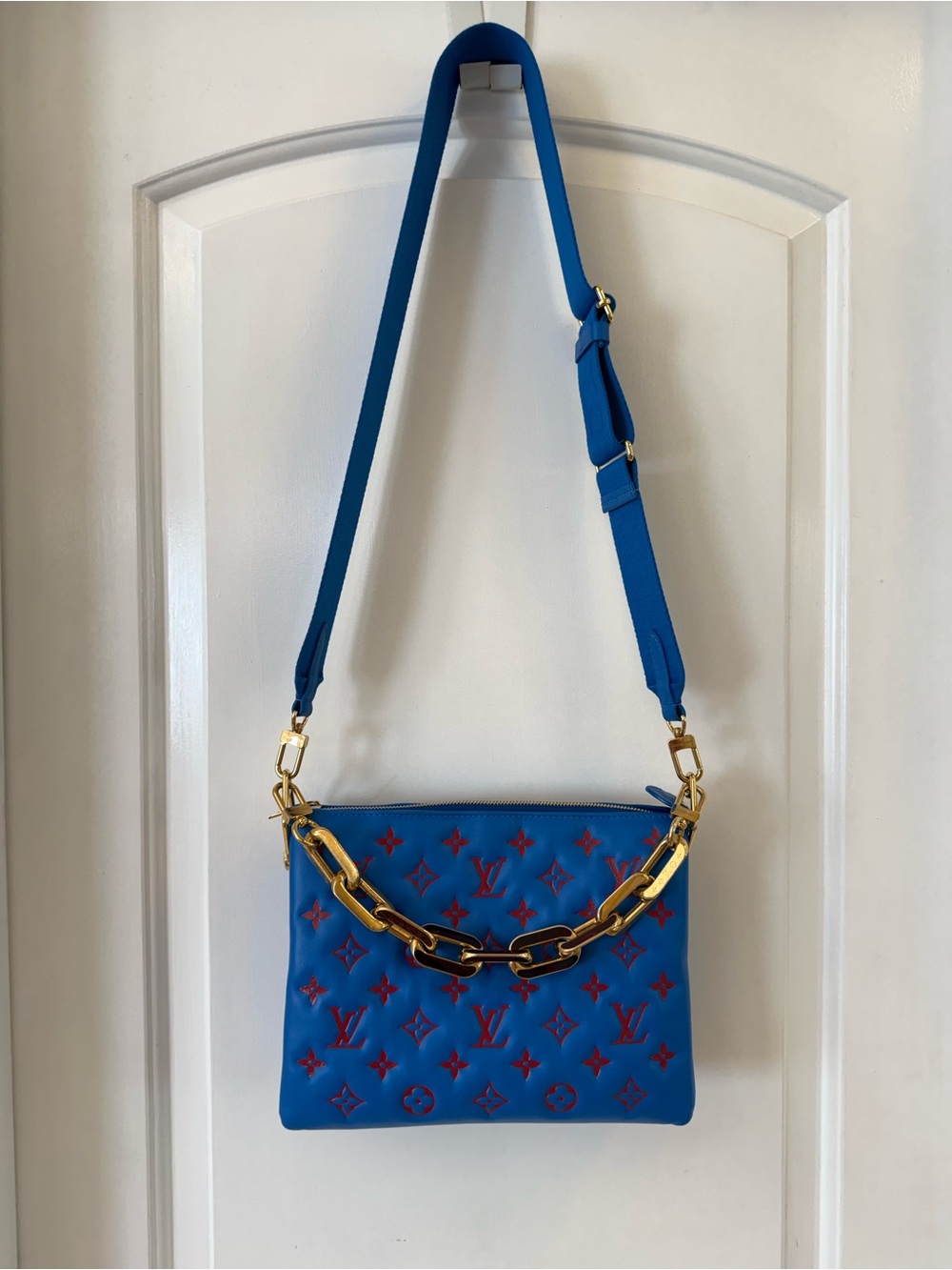 Louis Vuitton Blue & Red Quilted Monogram Coussin PM Bag with Gold Chain & Strap - Picture 13 of 14